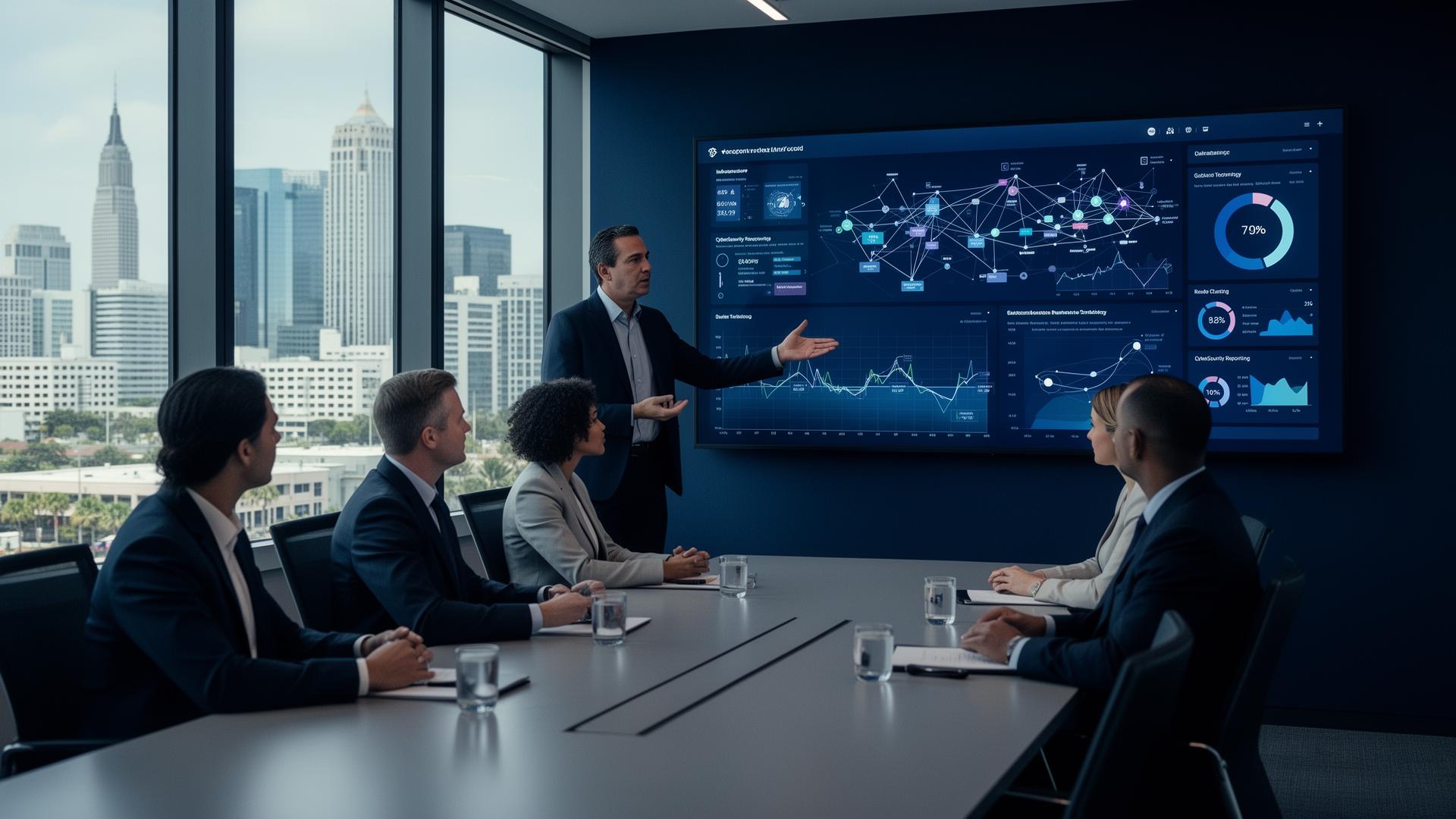 Technology advisor leading a strategy session with business leaders in a modern Downtown Orlando office